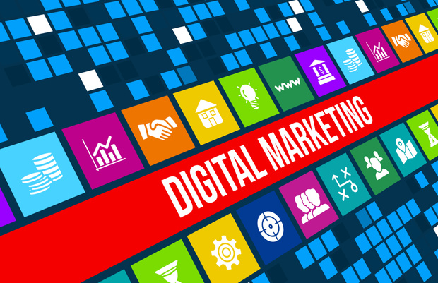 Digital Marketing concept image with business icons and copyspace.